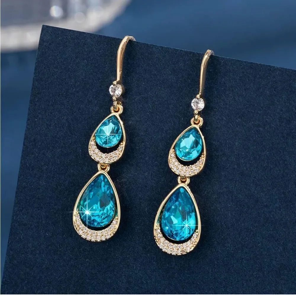 14K Yellow Gold with Bermuda Blue Austrian Crystal Double Teardrop Hook Earrings